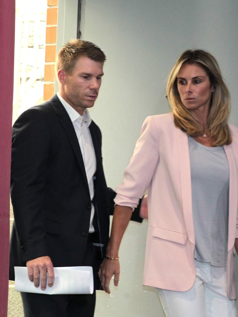 David and Candice arriving for that emotional Sandpapergate press conference in 2018. Picture: AAP Image/Ben Rushton