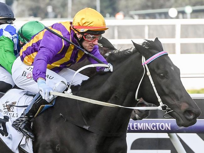 Mongolian Marshal (NZ) ridden by Brett Prebble wins the Seppelt Wines VRC-CRV Winter Championship Series Final at Flemington Racecourse on July 03, 2021 in Flemington, Australia. (Brett Holburt/Racing Photos via Getty Images)