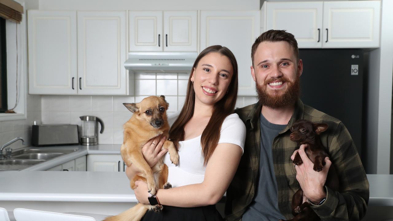 First homebuyers Joshua Harbach and wife Belinda at their new home. Picture: David Swift