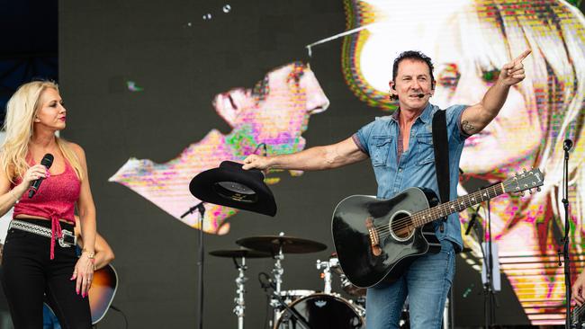 Robby and Lee Kernaghan on stage as the headline act of the Wellcamp Airport 10th anniversary community day, Sunday, November 10, 2024. Picture: Kevin Farmer