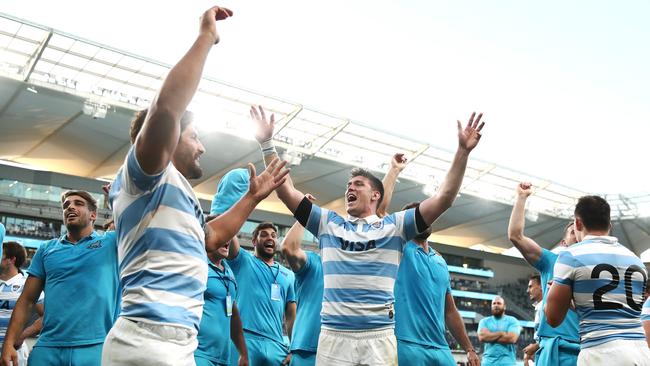 Argentina players celebrates their win over New Zealand at Bankwest Stadium