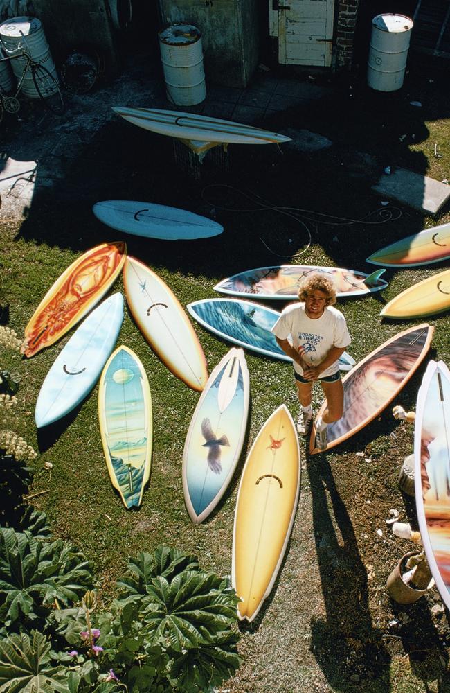 Surfer Terry Fitzgerald with his collection of Quiver boards back in 1977, featured at Surf City exhibition that looks at the beach culture from the 1950s, 60s and 70s at Museum of Sydney in Sydney. Picture: McLeod-Aitionn.