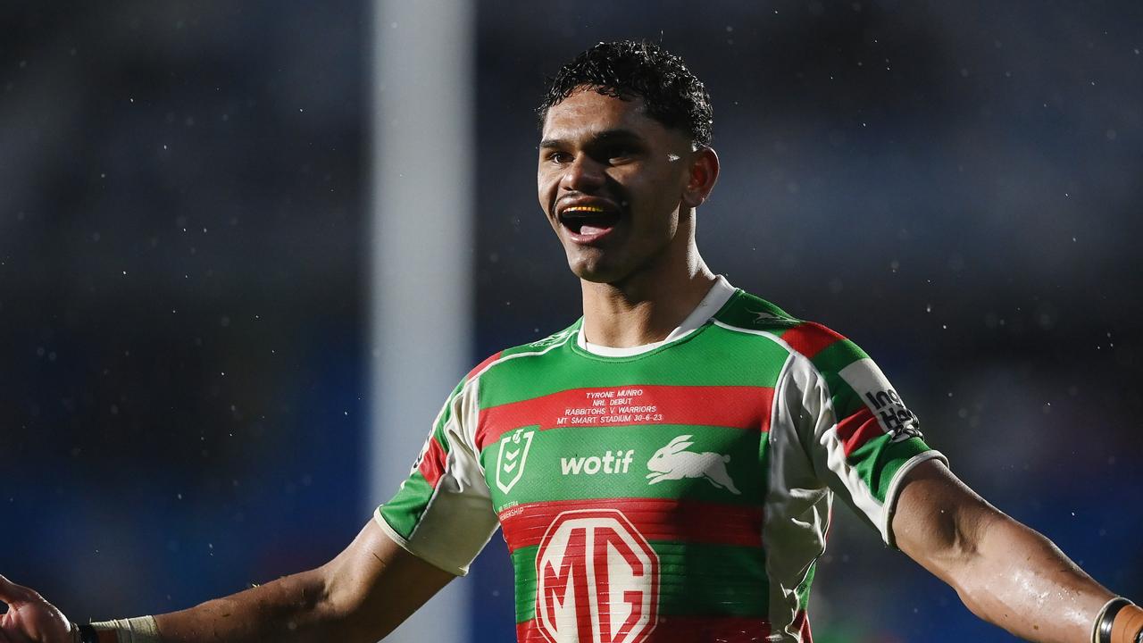 AUCKLAND, NEW ZEALAND - JUNE 30: Tyrone Munro of the Rabbitohs celebrates winning the round 18 NRL match between New Zealand Warriors and South Sydney Rabbitohs at Mt Smart Stadium on June 30, 2023 in Auckland, New Zealand. (Photo by Hannah Peters/Getty Images)