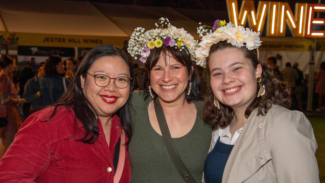 (From left) Jo Chan Smith, Leisa Ott and Kataya Krienke. Toowoomba Carnival of Flowers Festival of Food and Wine. Friday, September 13, 2024. Picture: Nev Madsen