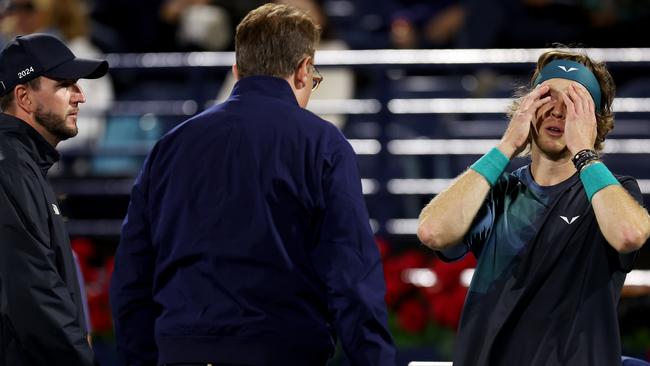 Rublev thought the linesperson’s eyes were painted on. (Photo by Christopher Pike/Getty Images)