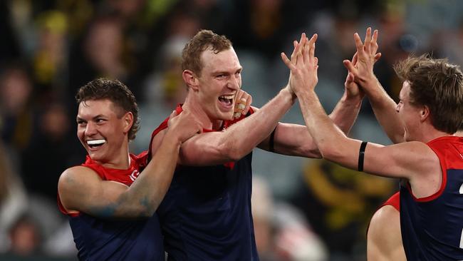 Harrison Petty (centre) booted six goals against Richmond in round 20, but a serious foot injury the following week ended his season. Picture: Michael Klein