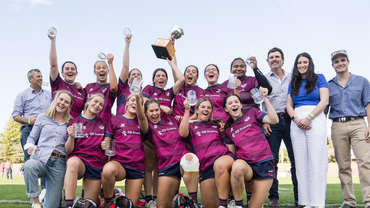 Toowoomba Bears Womens 7s celebrate their win over Roma Echnidas Womens 7s in the Emilee Cherry Cup grand final. Picture: Kevin Farmer