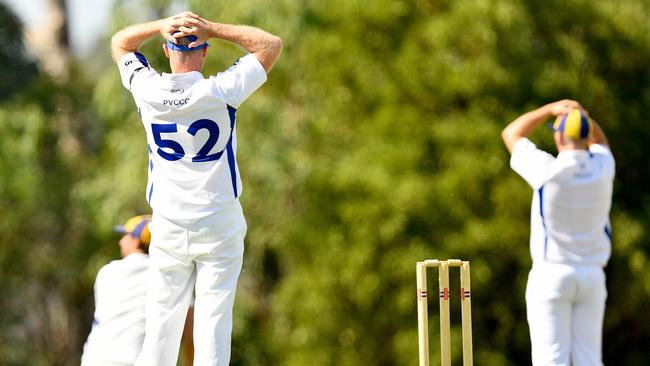 Pascoe Vale Central players react after an unsuccessful run-out attempt. (Photo by Josh Chadwick)