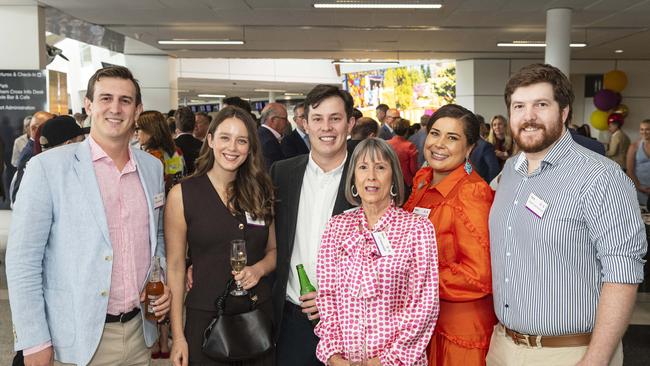 Celebrating the Wagner family's 35 years of business and a decade of Toowoomba Wellcamp Airport are (from left) Ryan Wagner, Yasmin Green, Denis Wagner, Liz Wagner, Jamie-Lee Wagner and Henry Wagner, Friday, November 8, 2024. Picture: Kevin Farmer