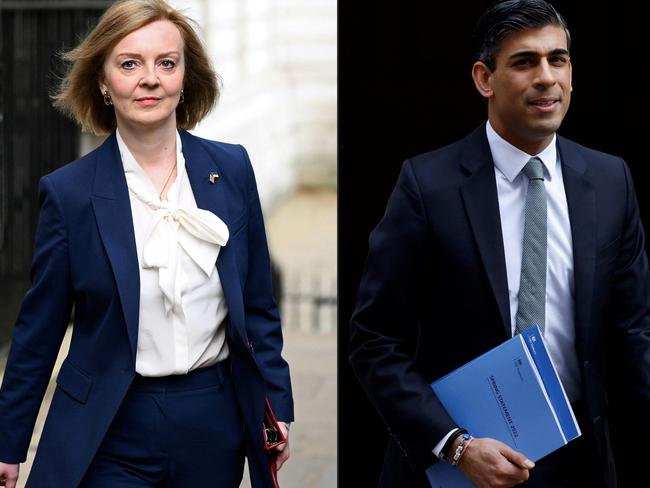 (COMBO) This combination of pictures created on July 12, 2022 shows Britain's Foreign Secretary Liz Truss (L) arriving to attend the weekly Cabinet meeting at 10 Downing Street, in London, on April 19, 2022 and Britain's Chancellor of the Exchequer Rishi Sunak leaving the 11 Downing Street, in London, on March 23, 2022. - Foreign Secretary Liz Truss and Former Finance minister Rishi Sunak are the final two candidates for the Tory party leadership run-off following a vote on July 20, 2022. (Photo by AFP)