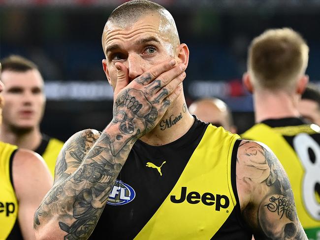 MELBOURNE, AUSTRALIA - MAY 07: Dustin Martin of the Tigers looks dejected after losing the round eight AFL match between the Richmond Tigers and the Geelong Cats at Melbourne Cricket Ground on May 07, 2021 in Melbourne, Australia. (Photo by Quinn Rooney/Getty Images)