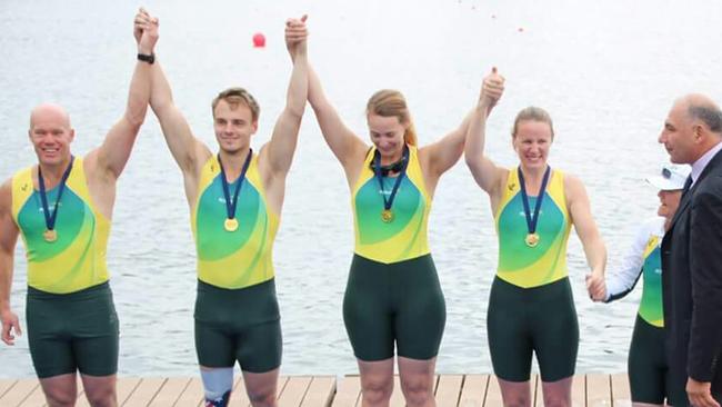 Brock Ingram (left) with mixed fours teammates (l-r) Jeremy McGrath, Davinia Lefroy, Kathleen Murdoch and coxswain Jo Burnand.