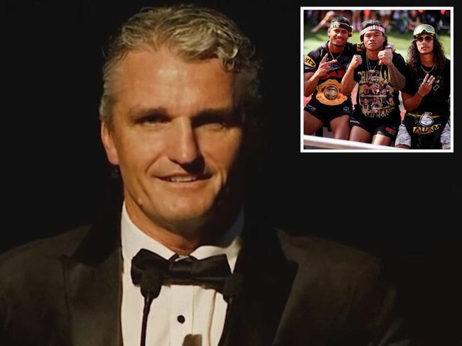 Ivan Cleary during his hilarious speech and (inset) the Panthers celebrate their victory.