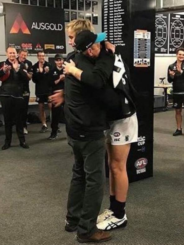 Port Adelaide's Todd Marshall is congratulated by his dad Robert. Picture: Instagram