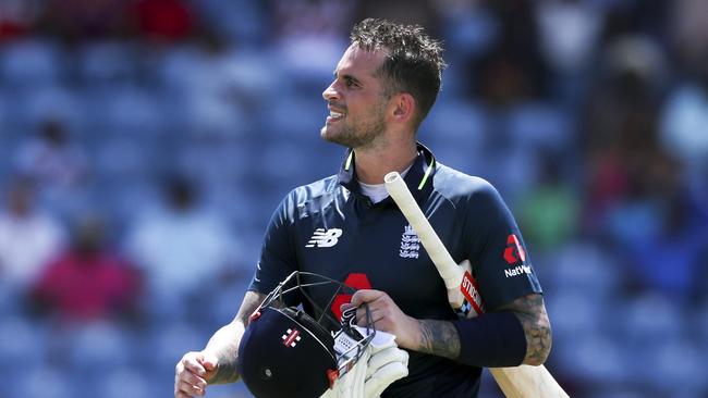 FILE — In this Wednesday, Feb. 27, 2019 file photo, England's Alex Hales leaves the field after his dismissal during the fourth One Day International cricket match against West Indies at the National Stadium in St. George's, Grenada. Hales will not play in the upcoming Cricket World Cup after being removed from all of England's squads for the international season. The England and Wales Cricket Board says the decision was based on "creating the right environment within the team and ensuring that there are no unnecessary distractions." Hales has recently been suspended for an undisclosed off-the-field incident. (AP Photo/Ricardo Mazalan, File)