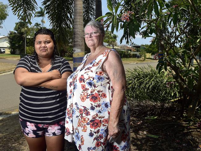 Kirwan residents Rhonda Ross and Lesley Williams, who is house sitting for her daughter, says there have been plenty of close calls at an intersection where an allegedly stolen car crash into palm trees and a frangipani bush on Tibarri St Kirwan. PICTURE: MATT TAYLOR.