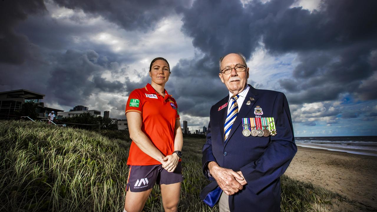 Gold Coast Suns AFLW star Jade Pregelj is a full time serving member of the Australian Defence Force while Pat Fairon is a Vietnam veteran and RSL District President on the Gold Coast. Picture: Nigel Hallett.