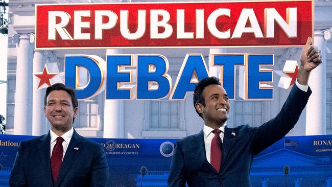 Florida Governor Ron DeSantis and entrepreneur Vivek Ramaswamy at the second Republican presidential primary debate. Picture: Pedro Ugarte / AFP