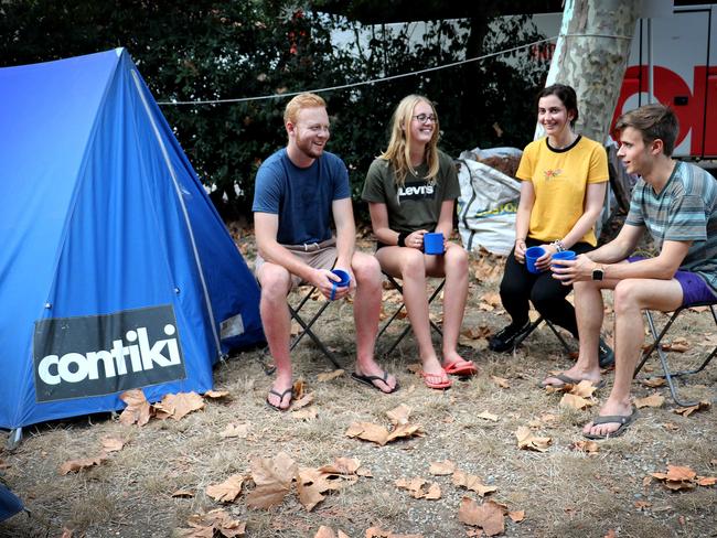 Contiki has long been a right of passage for young Australians wanting to explore the world. (L-R) Jason Hyem, Telea Dijkstra, Leah Chatgoglou and Finn Wright setting up camp in Antibes on the French Riviera. Picture: Olivia Day