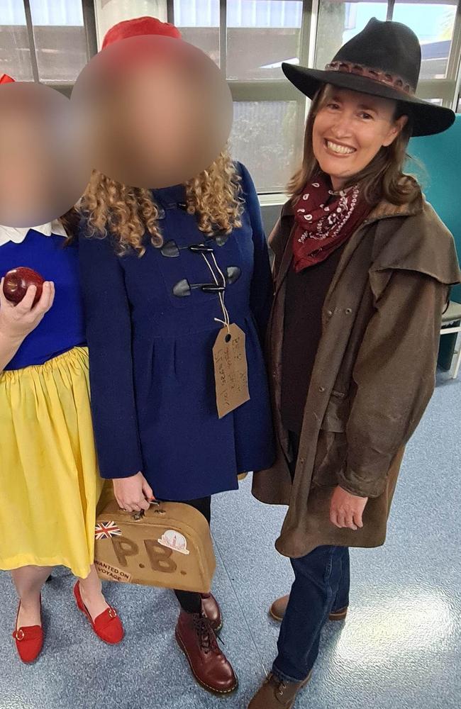 Stacey Train (right) in her role as former head of curriculum dressed as a bushranger, surrounded by colleagues at Tara Shire State College in 2019. Picture: Supplied