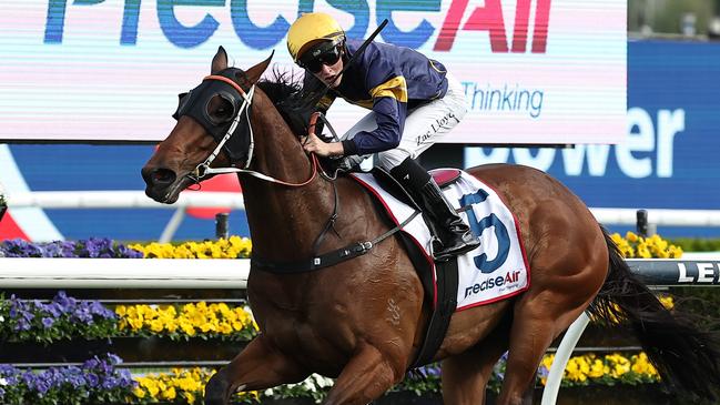 Zac Lloyd gets Airman home in a Premiere Stakes boilover at Randwick. Picture: Jeremy Ng / Getty Images