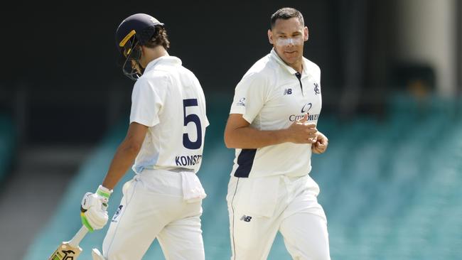 SYDNEY, AUSTRALIA - FEBRUARY 18: Sam Konstas of New South Wales is bowled by Scott Boland of Victoria during the Sheffield Shield match between New South Wales and Victoria at Sydney Cricket Ground, on February 18, 2025, in Sydney, Australia. (Photo by Darrian Traynor/Getty Images)