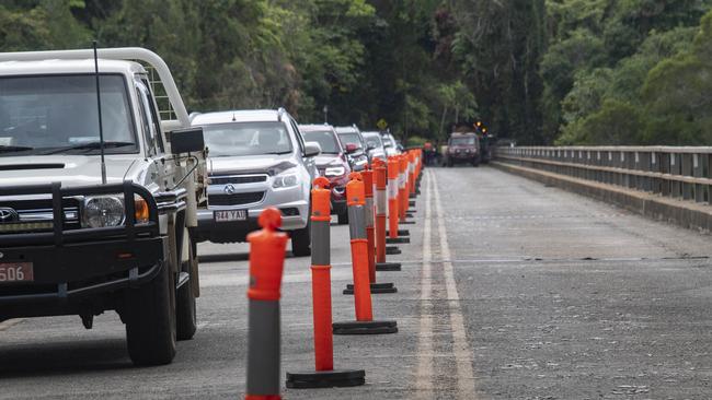 The commuter crawl as the Barron River Bridge is reduced to one lane in October 2021. Picture: Brian Cassey