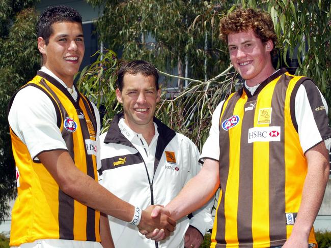 New Hawthorn coach Alastair Clarkson welcomes his first two draft picks in 2004, Lance Franklin and Jarryd Roughead.