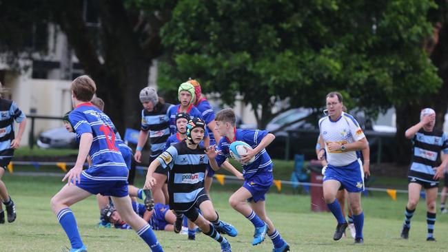 Day 1 of the King of the Country junior rugby union tournament at the Gold Coast Eagles Rugby Union Club.Maroochydore Swans (BLUE AND BLACK) vs USQ Saints (Blue ) Maroochydore Player No USQ Player No Pic Mike Batterham