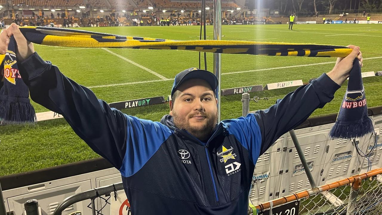 Cowboys superfan Nick Daly-Ford talks how he got to the elimination finals and his excitement for the Sharks vs. Cowboys game. Picture: contributed