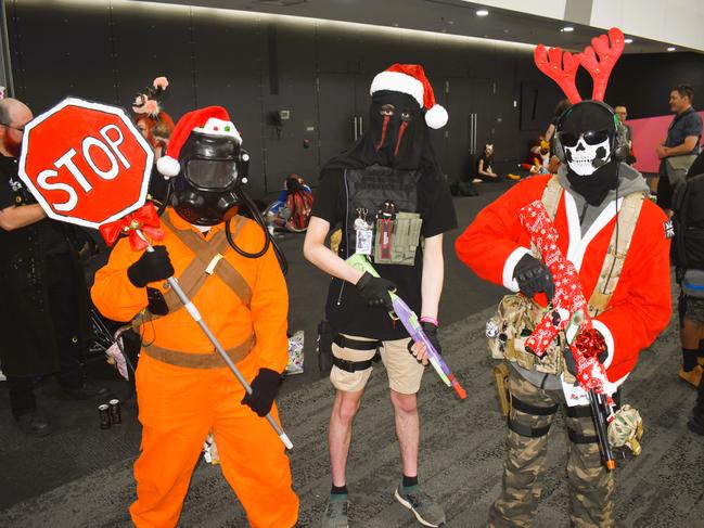 @verrathpd_cosplays, David Kheng and Zach Bassin at the Melbourne Oz Comic Con Xmas edition, held at the Melbourne Convention &amp; Exhibition Centre on Saturday, December 7, 2024. Picture: Jack Colantuono