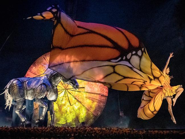 Helena Merten in a monarch butterfly-inspired costume for the opening scene of Luzia, with the prop horse worked on by Daniel Fulloon and Gina Bianco. Picture: Anne Collard