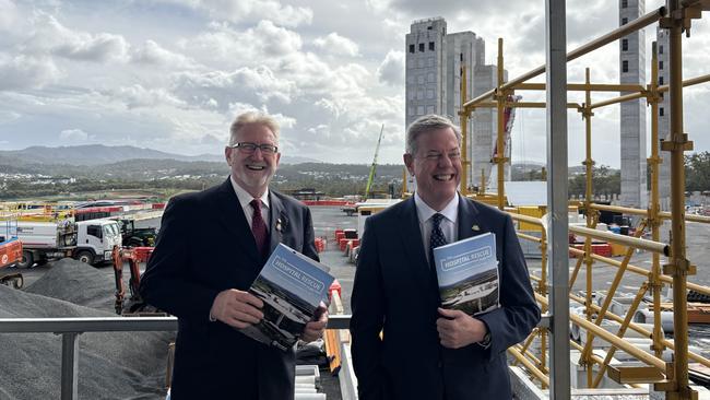 Member for Coomera, Michael Crandon, and Minister for Health Tim Nicholls at the site of the Coomera Hospital project. Picture: Jacklyn O’Brien.