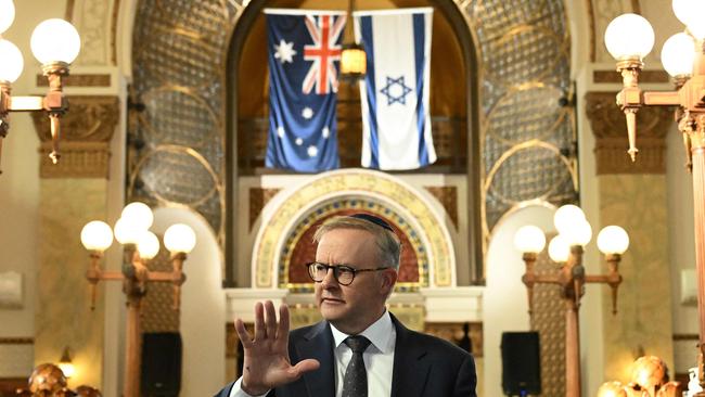 Prime Minister Anthony Albanese at the St Kilda Shule in Melbourne. His mixed messages over the barbaric attack by Islamist Hamas terrorists on October 7 have shown he lacks the ability to lead with principle. Picture: James Ross/Pool/AFP