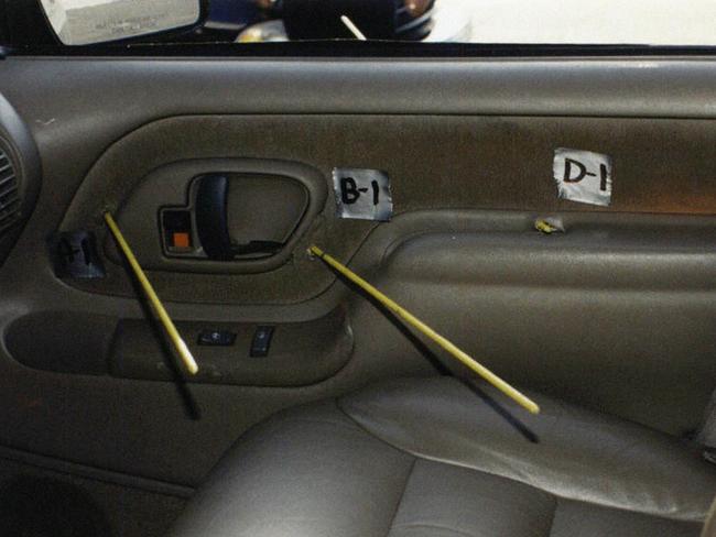 This rare crime scene photo also shows the interior of Biggie Small’s car where the bullets penetrated the car. Picture: Supplied