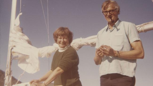 Gwen and Bill Harwood aboard their yacht Sappho, c.1973. Picture: Fryer Library