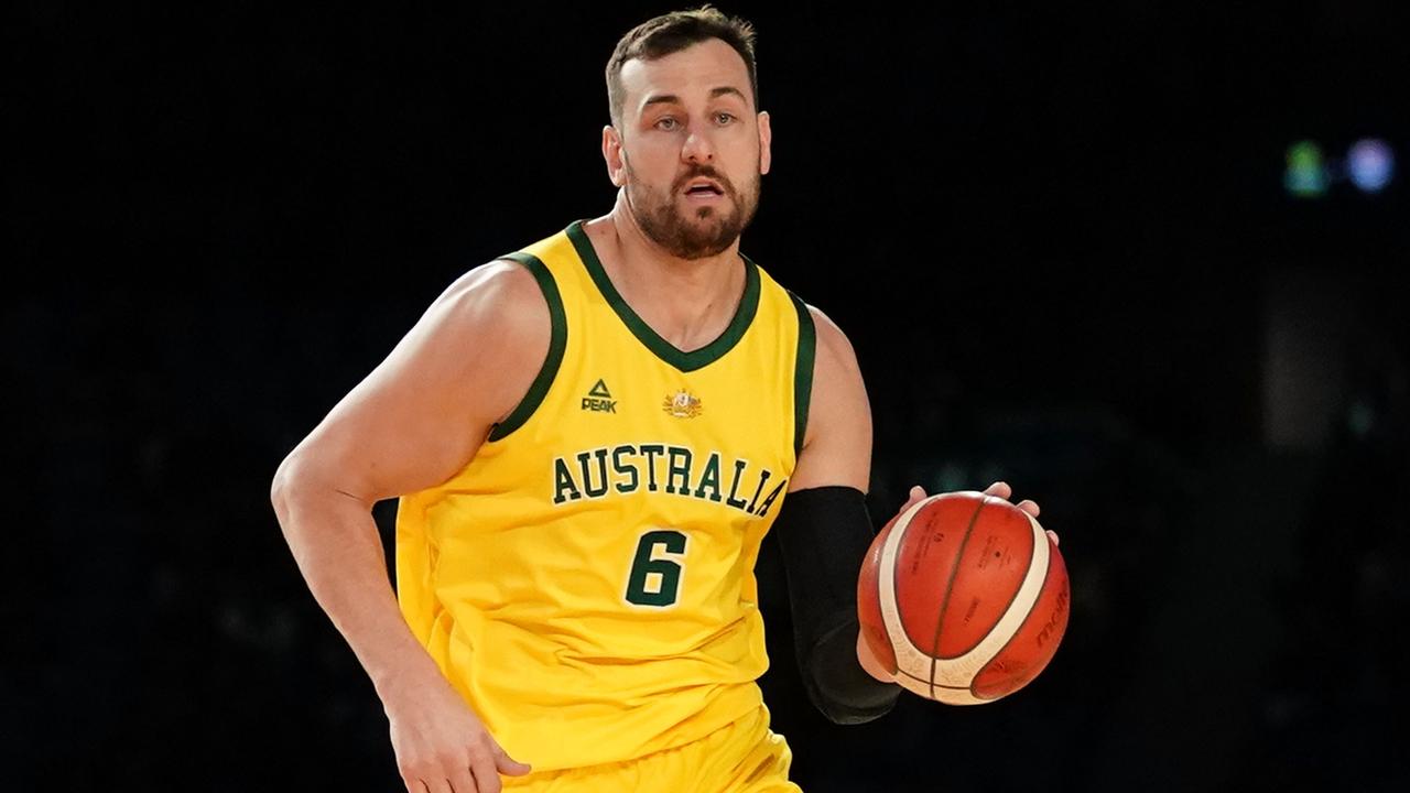 Andrew Bogut of Australia controls the ball at Marvel Stadium in Melbourne.