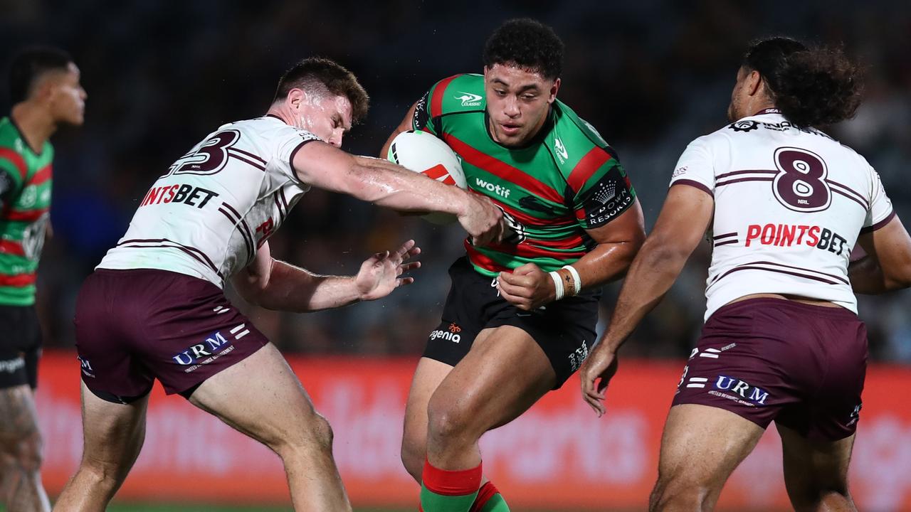 Davvy Moale in action against the Sea Eagles in the opening trial. Picture: Jason McCawley/Getty Images