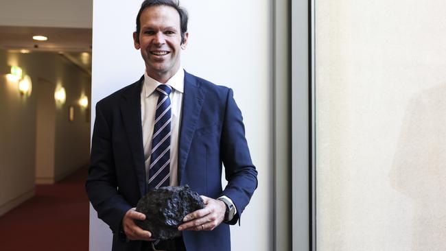 Nationals Senator Matt Canavan brought a lump of coal on budget day, calling it the ‘surplus’. Picture: NCA NewsWire/ Dylan Robinson