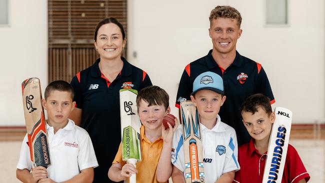 Kate Peterson and Nathan McSweeney at the announcement of Tatachilla Lutheran College's $170k cricket facility upgrade. Picture: Janey at Koa Photography