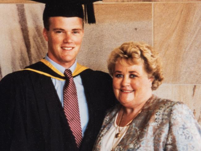 David Baxby and his mother Nanette Carroll at his graduation from Bond University in 1994. David Baxby has been announced as Bond University's ninth Chancellor. Photo: Supplied.