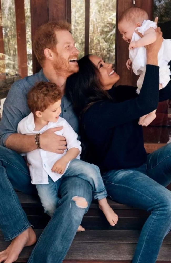 Prince Harry and Meghan Markle with Archie and Lilibet in their 2021 Christmas card. The Queen has never met Lilibet. Picture: Alexi Lubomirski via The Duke and Duchess of Sussex