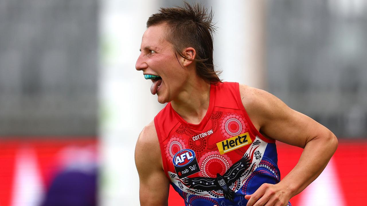 Karen Paxman celebrates a goal for the Demons. Picture: Paul Kane/Getty Images