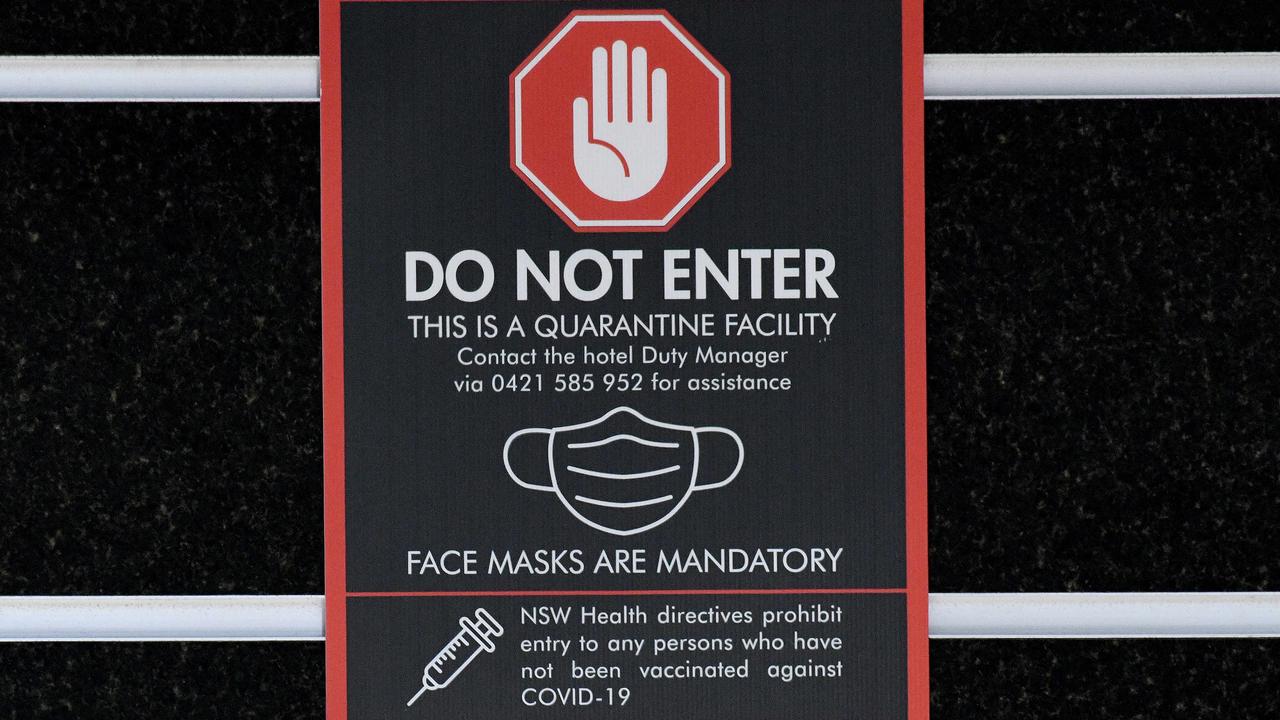 Signage at a quarantine hotel in Sydney. Picture: NCA NewsWire/Bianca De Marchi