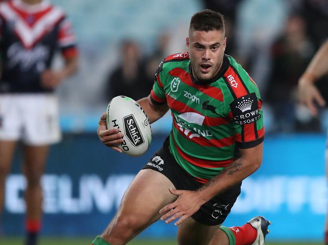 Souths Corey Allan scores a try during the Souths v Roosters NRL match at ANZ Stadium, Homebush. Picture: Brett Costello