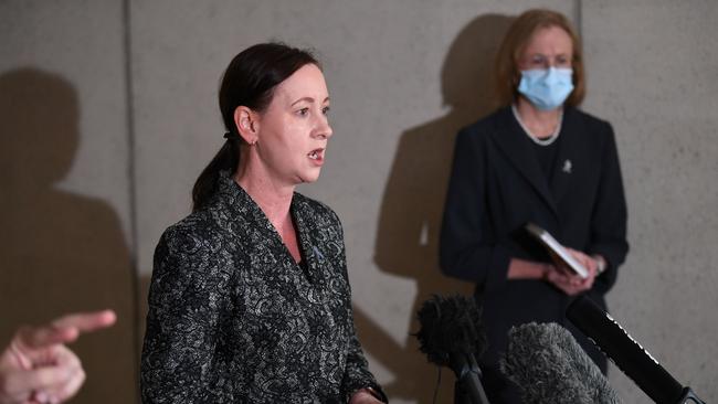 Queensland Health Minister Yvette D'Ath (left) and Chief Health Officer Dr Jeannette Young provide a Covid-19 update. Picture: NCA NewsWire / Dan Peled