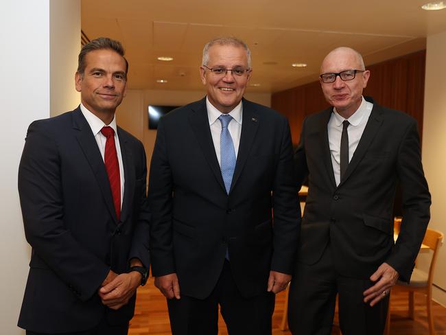 News Corp co-chairman Lachlan Murdoch with Scott Morrison and Robert Thomson, chief executive of News Corp, at the Alliance Dinner. Picture: Gary Ramage