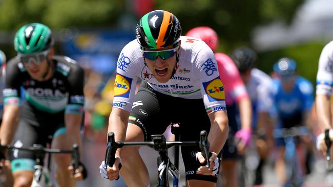 TANUNDA, AUSTRALIA - JANUARY 21: Arrival / Sam Bennett of Ireland and Team Deceuninck - Quick-Step / Celebration / during the 22nd Santos Tour Down Under 2020 - Stage 1 a 150km stage from Tanunda to Tanunda / TDU / @tourdownunder / #UCIWT / on January 21, 2020 in Tanunda, Australia. (Photo by Tim de Waele/Getty Images)