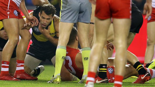 Alex Rance after getting punched in the throat by Lance Franklin. Picture: Michael Klein