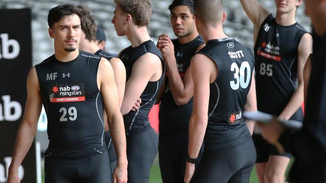 West Adelaide’s Izak Rankine (left) at the 2018 AFL Draft Combines at Marvel Stadium in Melbourne. Picture: David Crosling/AAP